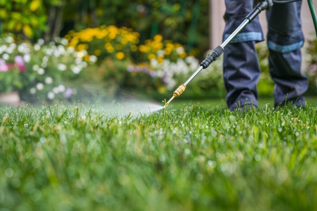 Man spraying a yard with tick control products